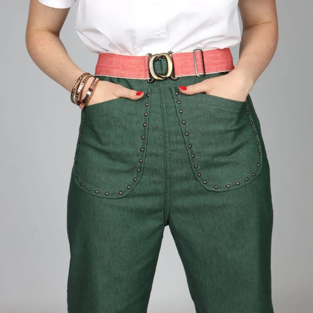 Freddie's of Pinewood Green Denim Nailhead Pants Size 30 1940s style wide leg